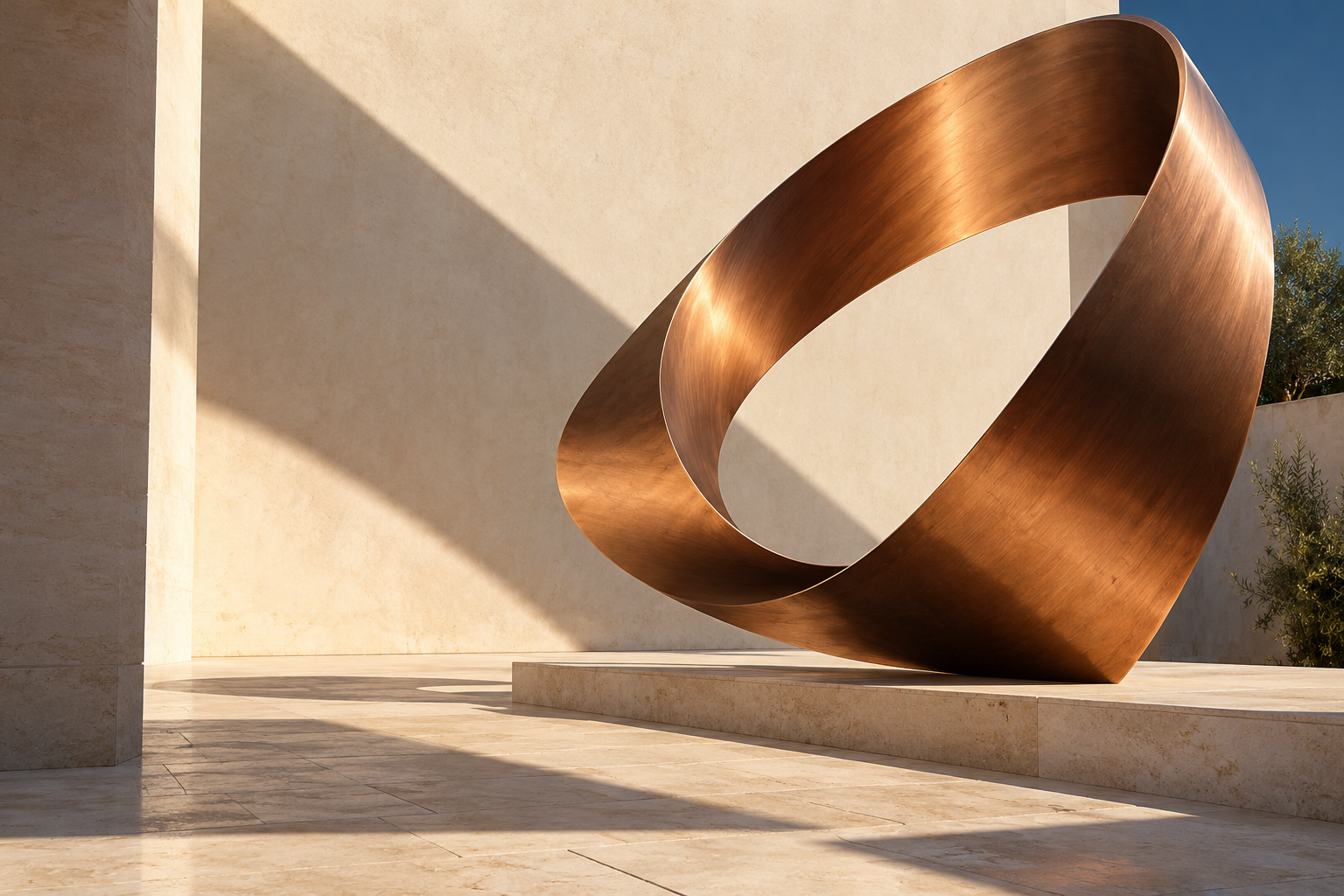 An ascending copper sculpture in a sunlit architectural courtyard