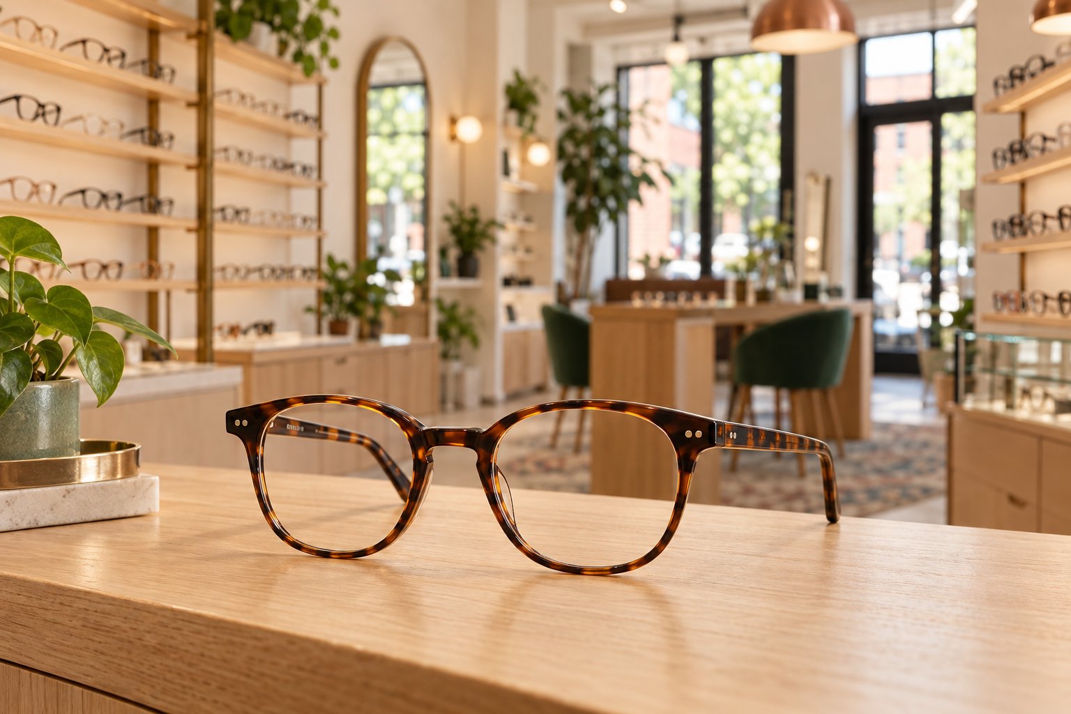 Tortoiseshell glasses on a wood counter with a boutique optical store interior in the background